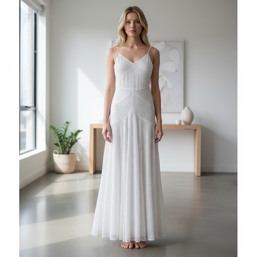 10 Crosby Derek Lam White Diagonal Stripe Mesh Maxi Dress Size 2